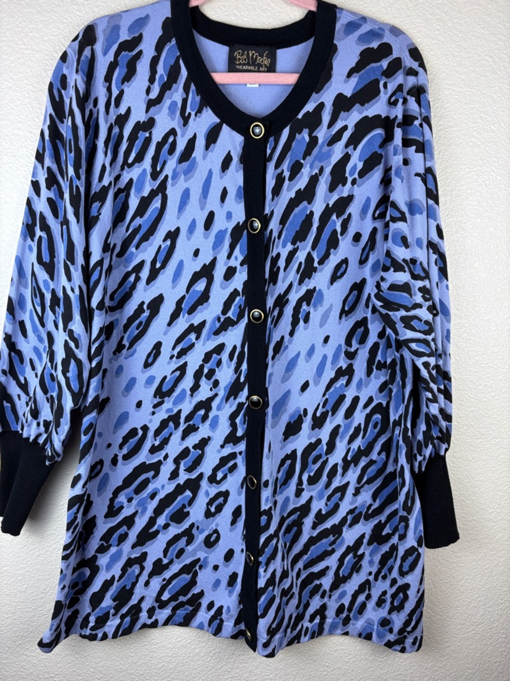 Bob Mackie Wearable Art Blue Leopard Button Front Sweater Cardigan Size 2X